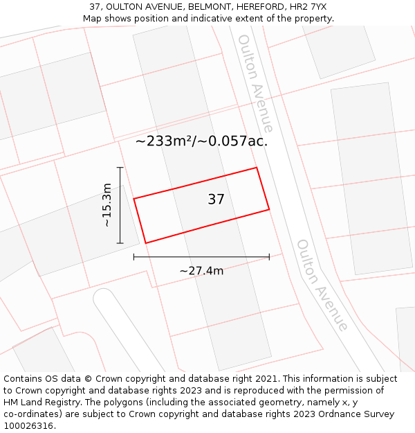 37, OULTON AVENUE, BELMONT, HEREFORD, HR2 7YX: Plot and title map