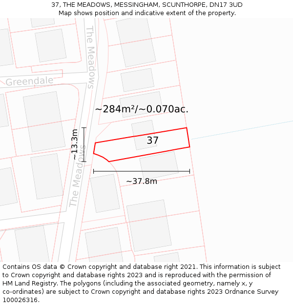 37, THE MEADOWS, MESSINGHAM, SCUNTHORPE, DN17 3UD: Plot and title map