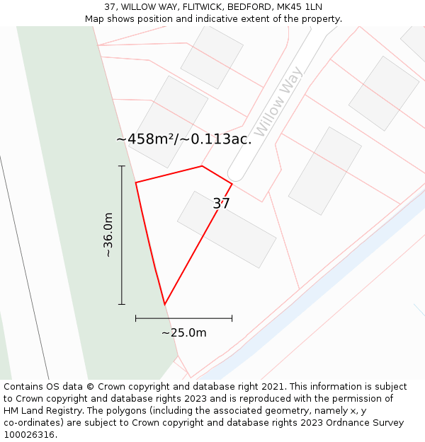 37, WILLOW WAY, FLITWICK, BEDFORD, MK45 1LN: Plot and title map
