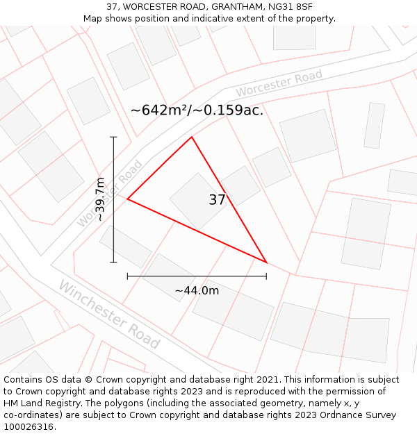 37, WORCESTER ROAD, GRANTHAM, NG31 8SF: Plot and title map