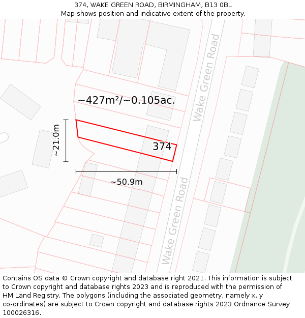 374, WAKE GREEN ROAD, BIRMINGHAM, B13 0BL: Plot and title map