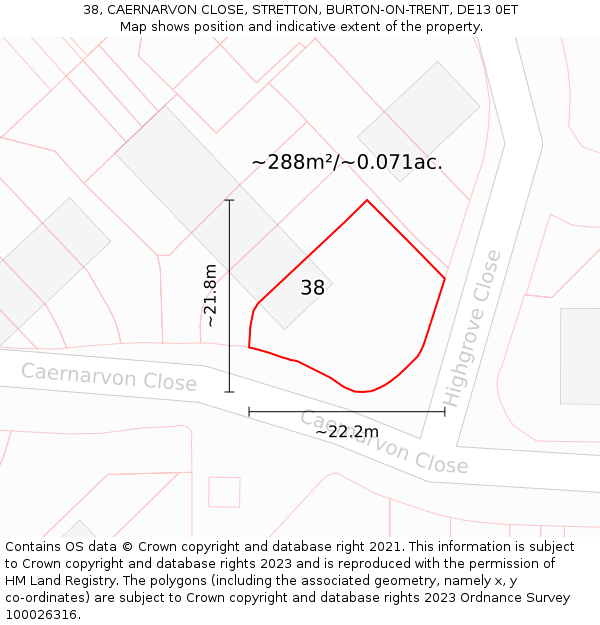 38, CAERNARVON CLOSE, STRETTON, BURTON-ON-TRENT, DE13 0ET: Plot and title map