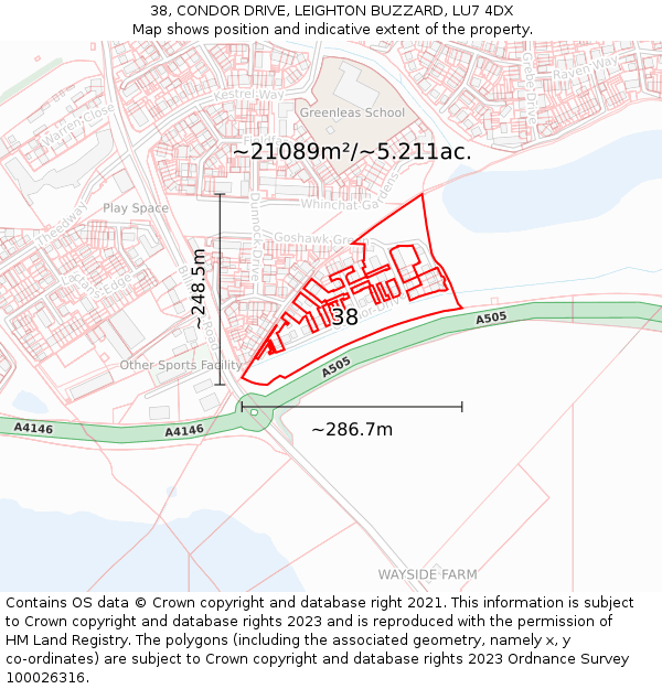 38, CONDOR DRIVE, LEIGHTON BUZZARD, LU7 4DX: Plot and title map