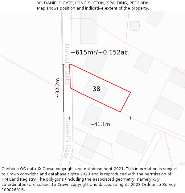 38, DANIELS GATE, LONG SUTTON, SPALDING, PE12 9DN: Plot and title map