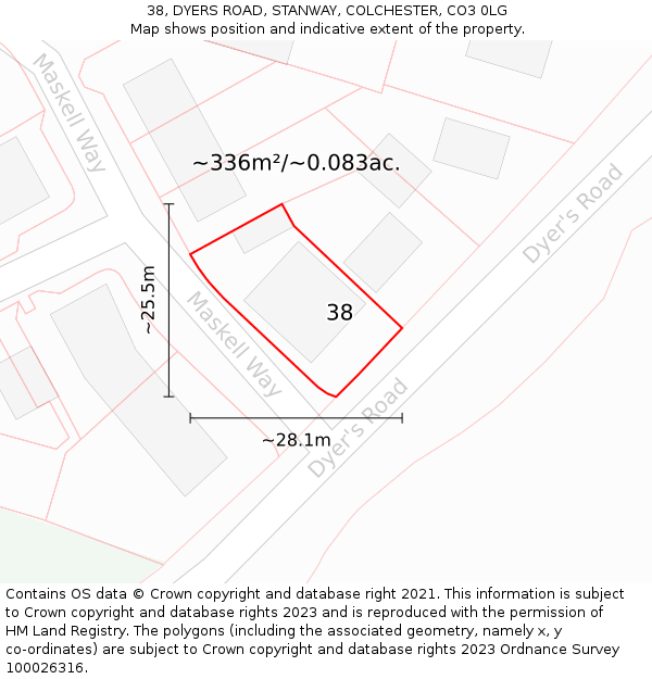 38, DYERS ROAD, STANWAY, COLCHESTER, CO3 0LG: Plot and title map