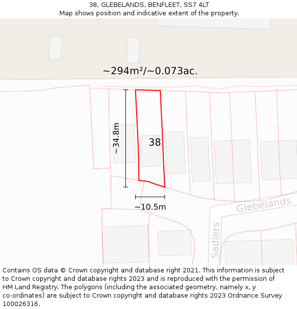 38, GLEBELANDS, BENFLEET, SS7 4LT: Plot and title map