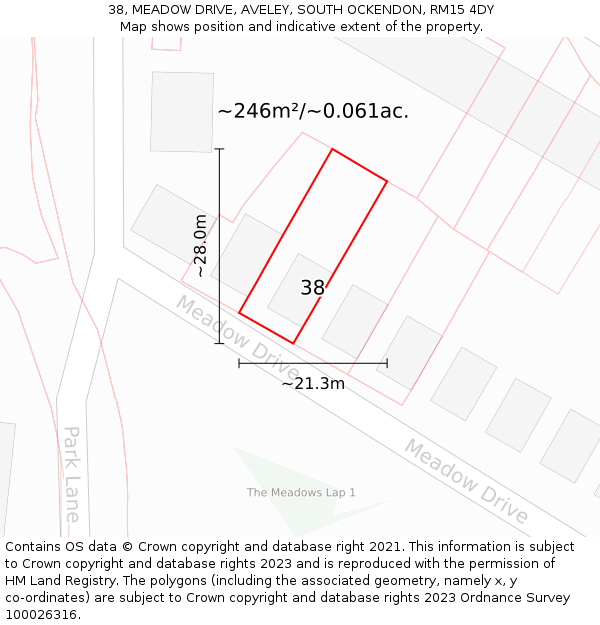 38, MEADOW DRIVE, AVELEY, SOUTH OCKENDON, RM15 4DY: Plot and title map