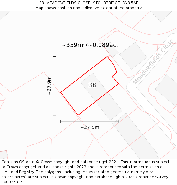 38, MEADOWFIELDS CLOSE, STOURBRIDGE, DY8 5AE: Plot and title map