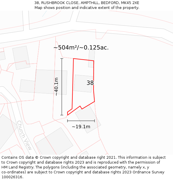 38, RUSHBROOK CLOSE, AMPTHILL, BEDFORD, MK45 2XE: Plot and title map