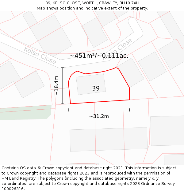 39, KELSO CLOSE, WORTH, CRAWLEY, RH10 7XH: Plot and title map