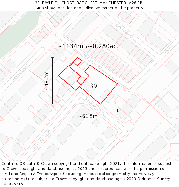 39, RAYLEIGH CLOSE, RADCLIFFE, MANCHESTER, M26 1RL: Plot and title map