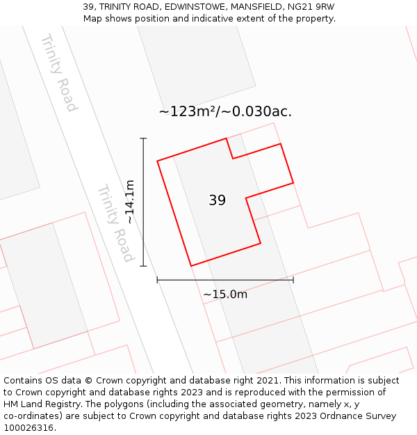 39, TRINITY ROAD, EDWINSTOWE, MANSFIELD, NG21 9RW: Plot and title map