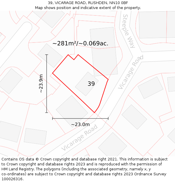 39, VICARAGE ROAD, RUSHDEN, NN10 0BF: Plot and title map