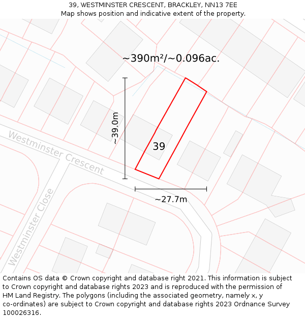 39, WESTMINSTER CRESCENT, BRACKLEY, NN13 7EE: Plot and title map