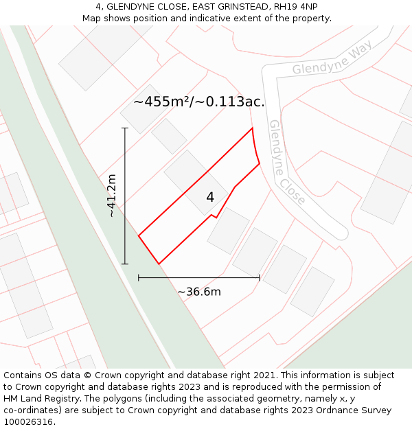 4, GLENDYNE CLOSE, EAST GRINSTEAD, RH19 4NP: Plot and title map