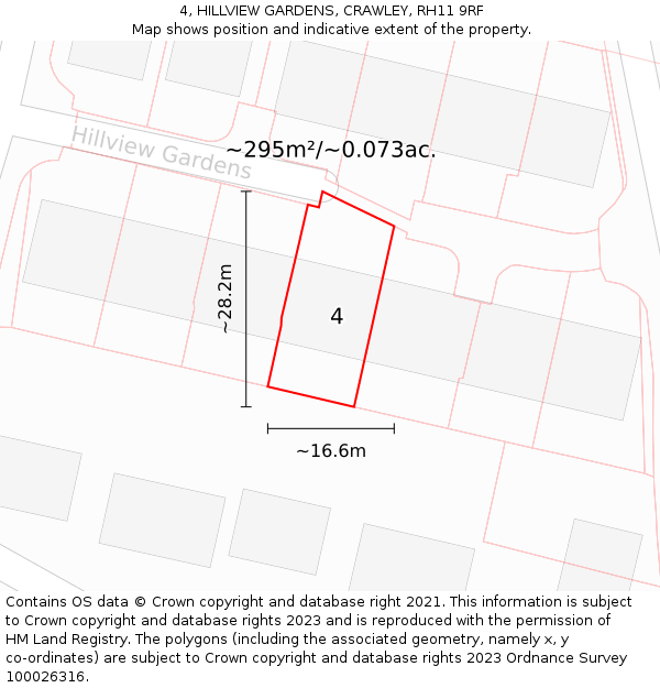 4, HILLVIEW GARDENS, CRAWLEY, RH11 9RF: Plot and title map