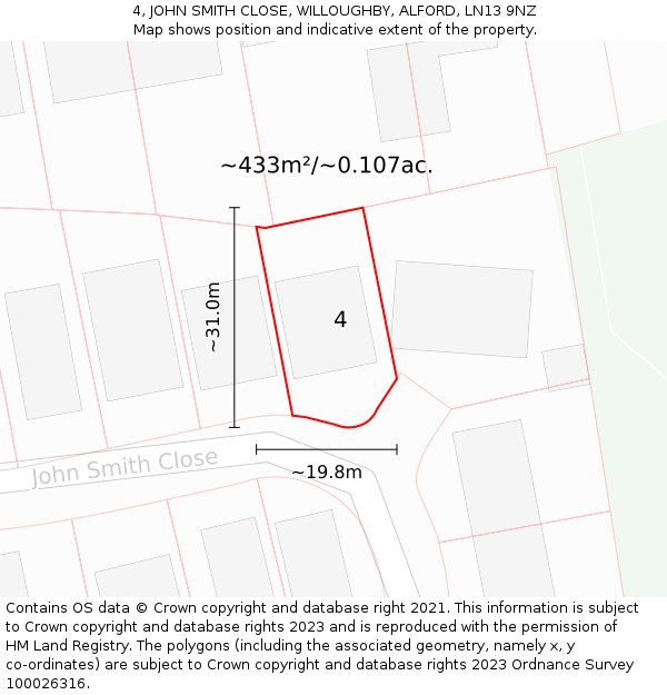 4, JOHN SMITH CLOSE, WILLOUGHBY, ALFORD, LN13 9NZ: Plot and title map