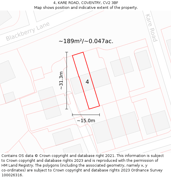 4, KARE ROAD, COVENTRY, CV2 3BF: Plot and title map