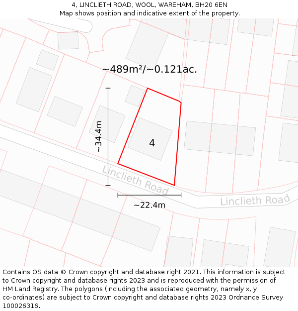 4, LINCLIETH ROAD, WOOL, WAREHAM, BH20 6EN: Plot and title map