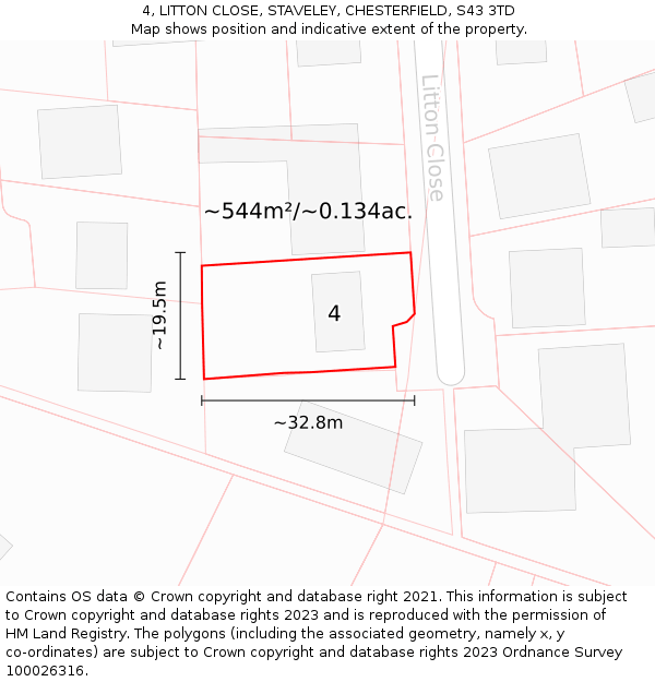 4, LITTON CLOSE, STAVELEY, CHESTERFIELD, S43 3TD: Plot and title map