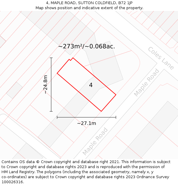 4, MAPLE ROAD, SUTTON COLDFIELD, B72 1JP: Plot and title map