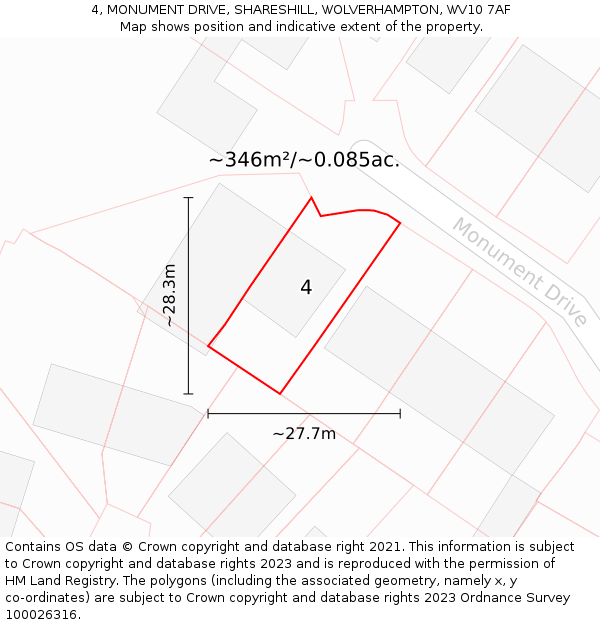 4, MONUMENT DRIVE, SHARESHILL, WOLVERHAMPTON, WV10 7AF: Plot and title map