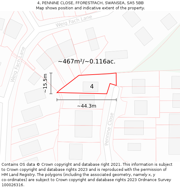 4, PENNINE CLOSE, FFORESTFACH, SWANSEA, SA5 5BB: Plot and title map
