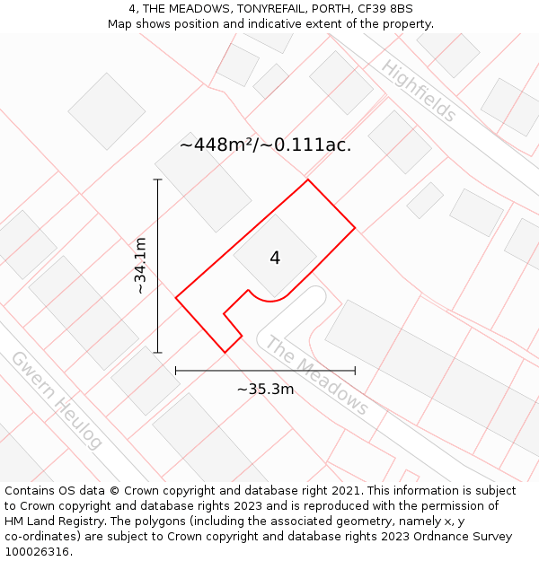 4, THE MEADOWS, TONYREFAIL, PORTH, CF39 8BS: Plot and title map