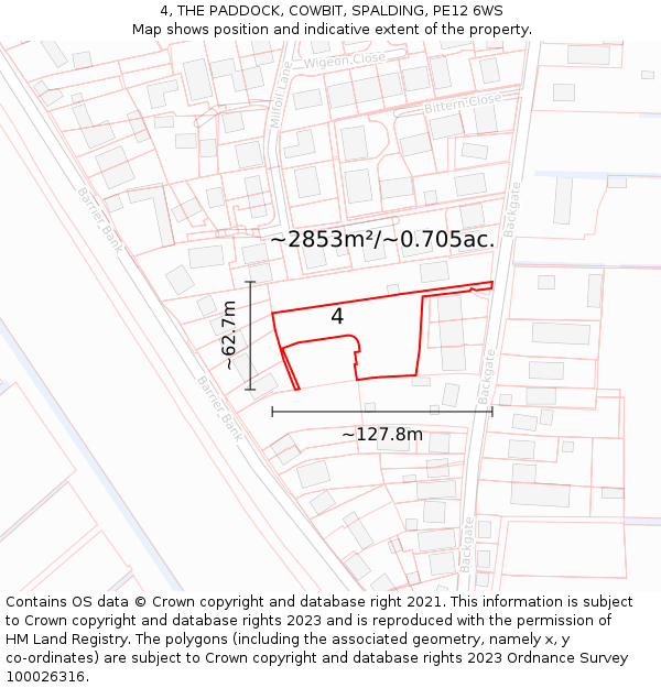 4, THE PADDOCK, COWBIT, SPALDING, PE12 6WS: Plot and title map