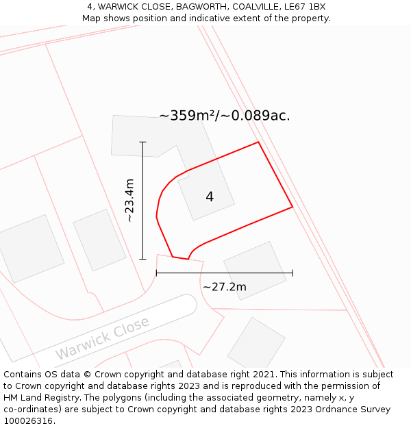 4, WARWICK CLOSE, BAGWORTH, COALVILLE, LE67 1BX: Plot and title map