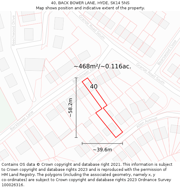 40, BACK BOWER LANE, HYDE, SK14 5NS: Plot and title map