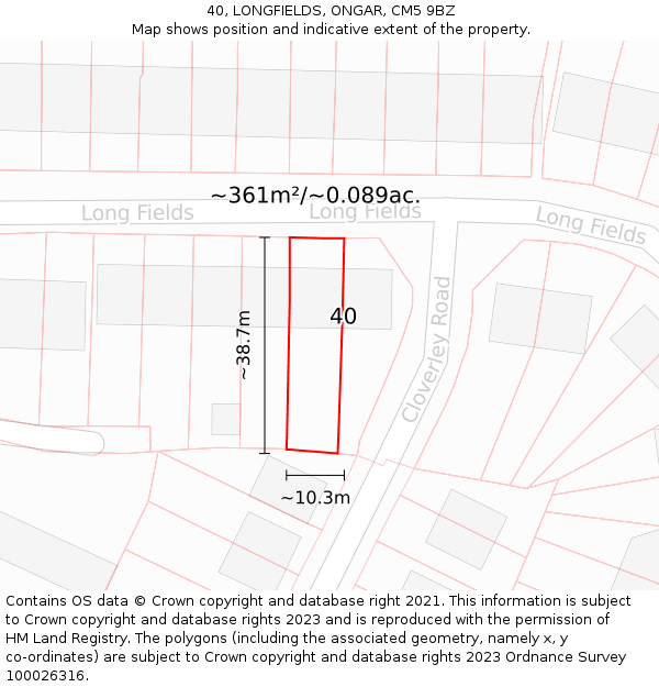 40, LONGFIELDS, ONGAR, CM5 9BZ: Plot and title map