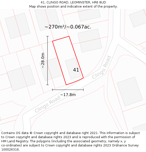 41, CLINGO ROAD, LEOMINSTER, HR6 8UD: Plot and title map