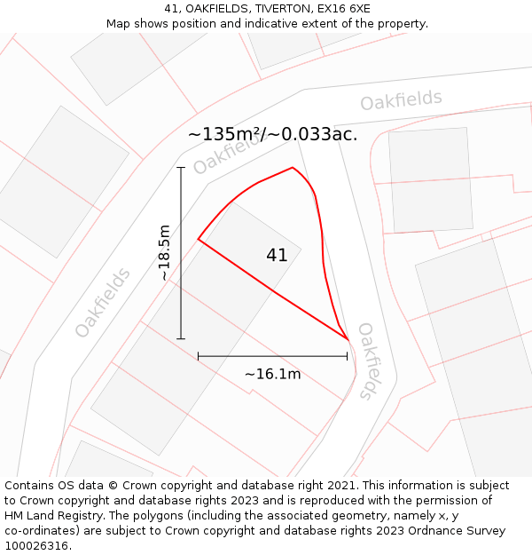 41, OAKFIELDS, TIVERTON, EX16 6XE: Plot and title map