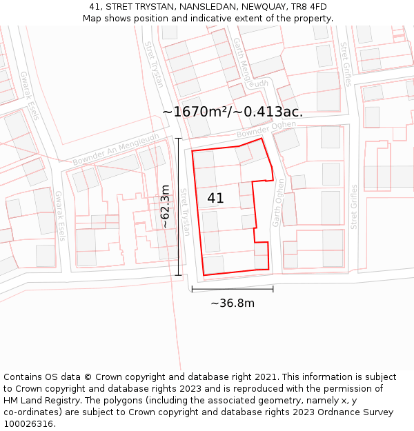 41, STRET TRYSTAN, NANSLEDAN, NEWQUAY, TR8 4FD: Plot and title map