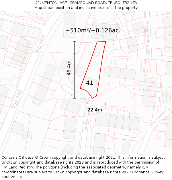 41, VENTONLACE, GRAMPOUND ROAD, TRURO, TR2 4TA: Plot and title map