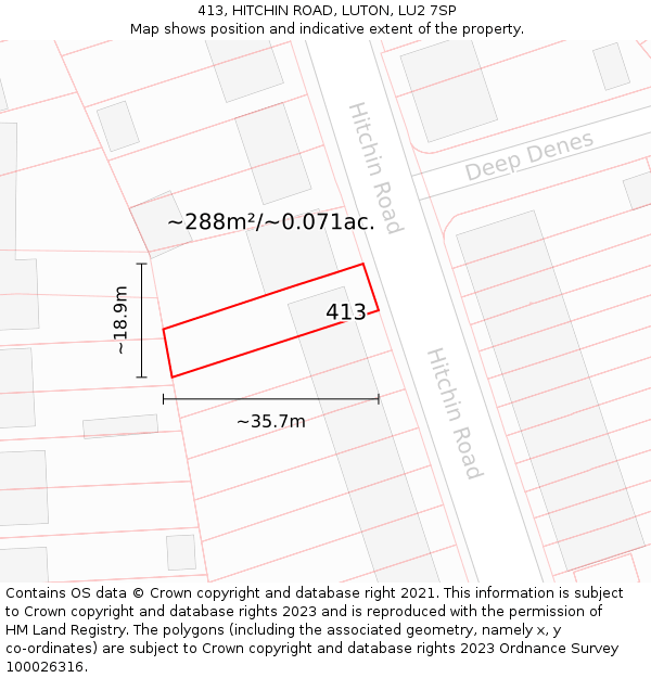 413, HITCHIN ROAD, LUTON, LU2 7SP: Plot and title map