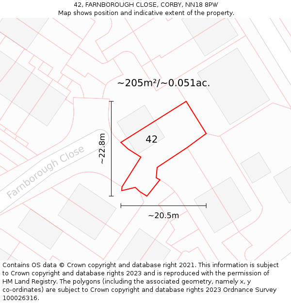 42, FARNBOROUGH CLOSE, CORBY, NN18 8PW: Plot and title map