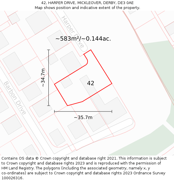 42, HARPER DRIVE, MICKLEOVER, DERBY, DE3 0AE: Plot and title map