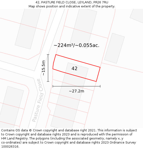 42, PASTURE FIELD CLOSE, LEYLAND, PR26 7RU: Plot and title map