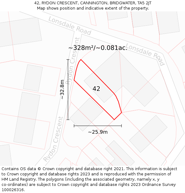 42, RYDON CRESCENT, CANNINGTON, BRIDGWATER, TA5 2JT: Plot and title map