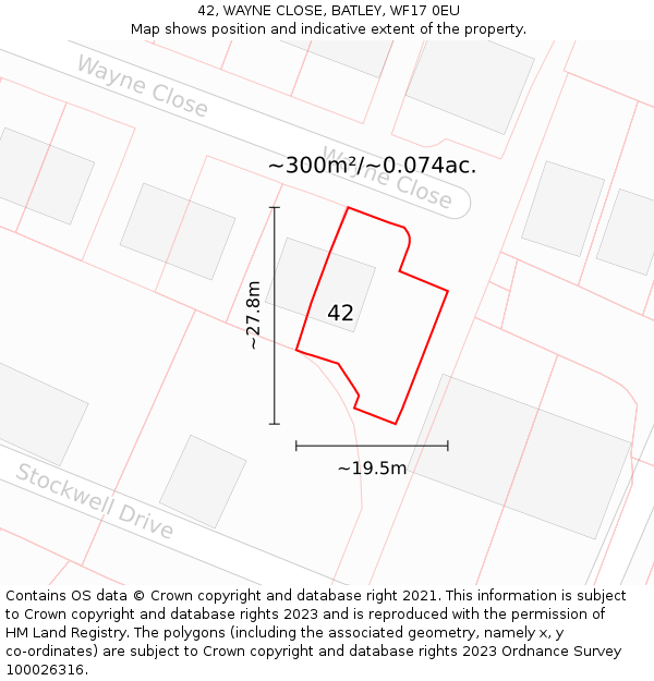 42, WAYNE CLOSE, BATLEY, WF17 0EU: Plot and title map