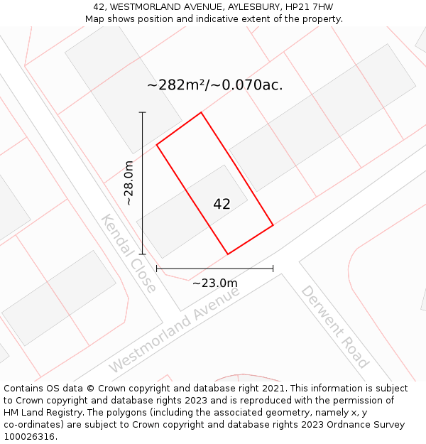 42, WESTMORLAND AVENUE, AYLESBURY, HP21 7HW: Plot and title map