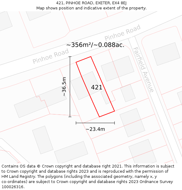 421, PINHOE ROAD, EXETER, EX4 8EJ: Plot and title map