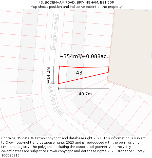 43, BODENHAM ROAD, BIRMINGHAM, B31 5DP: Plot and title map