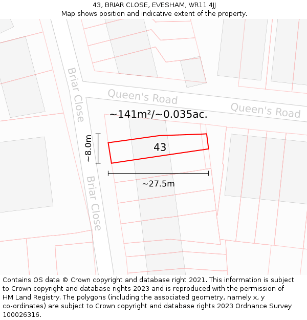 43, BRIAR CLOSE, EVESHAM, WR11 4JJ: Plot and title map