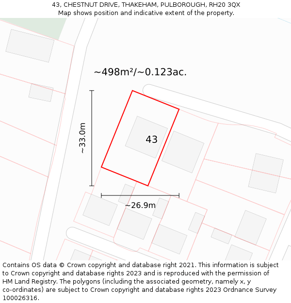 43, CHESTNUT DRIVE, THAKEHAM, PULBOROUGH, RH20 3QX: Plot and title map