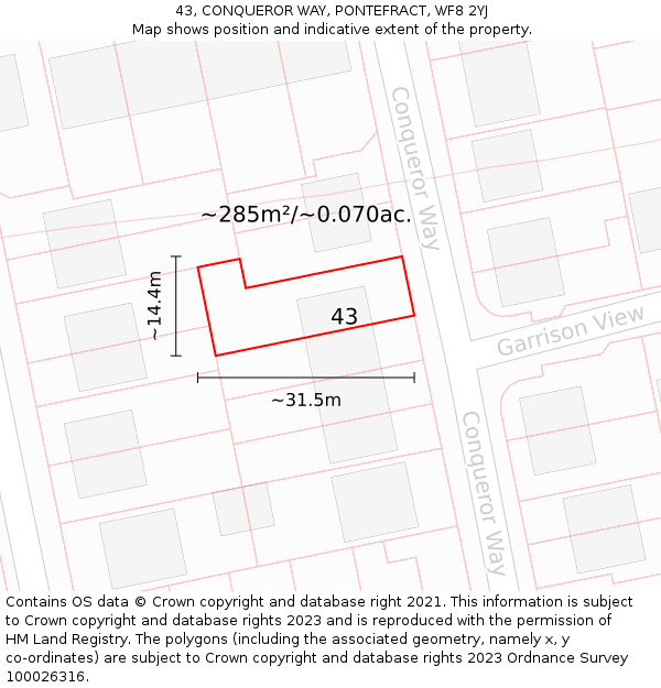 43, CONQUEROR WAY, PONTEFRACT, WF8 2YJ: Plot and title map