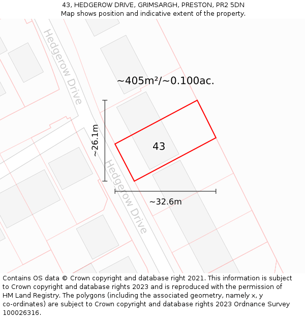 43, HEDGEROW DRIVE, GRIMSARGH, PRESTON, PR2 5DN: Plot and title map