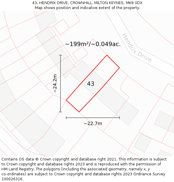43, HENDRIX DRIVE, CROWNHILL, MILTON KEYNES, MK8 0DX: Plot and title map